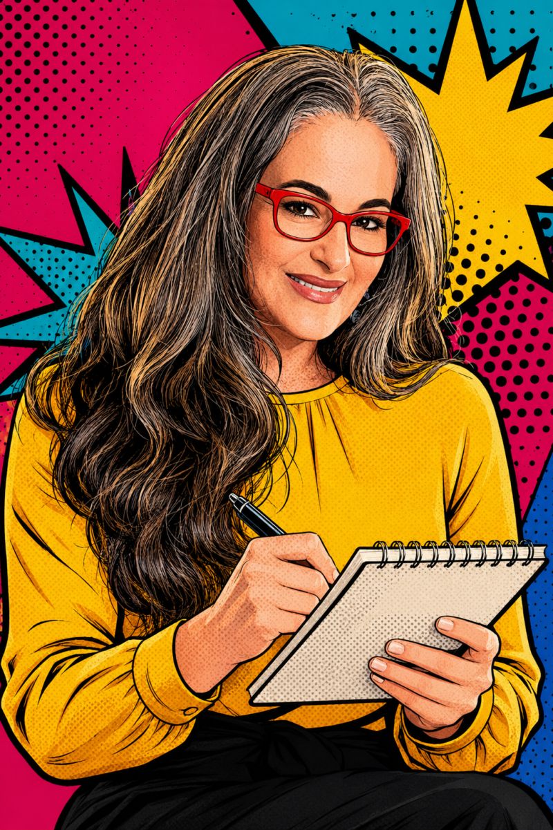 Illustrated portrait of Tiffany Markman writing, for the article on writing business emails to express, not to impress
