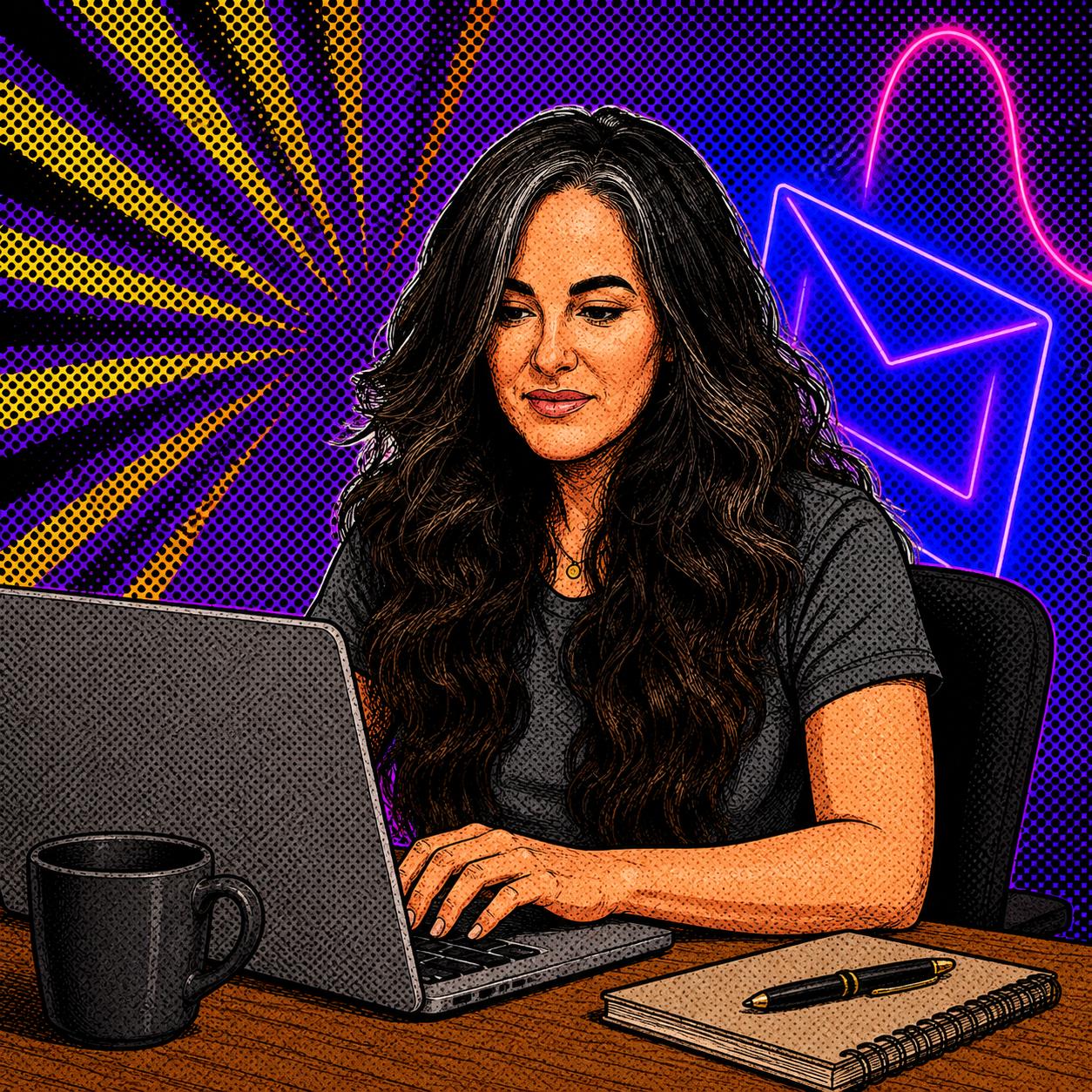 Tiffany Markman writing an article about email signatures on her laptop.