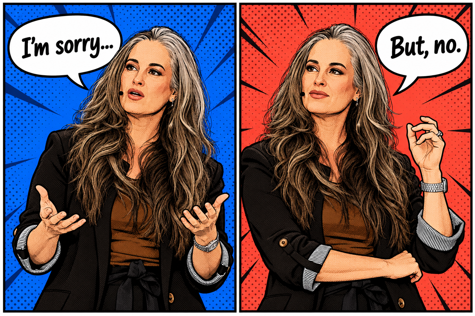 Two-panel pop-art illustration of Tiffany Markman using tactful writing: saying “I’m sorry…” against a blue background and “But, no.” against a red background.
